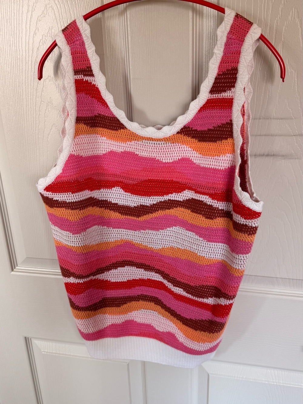 LOFT Pink and Red Striped Crochet Tank